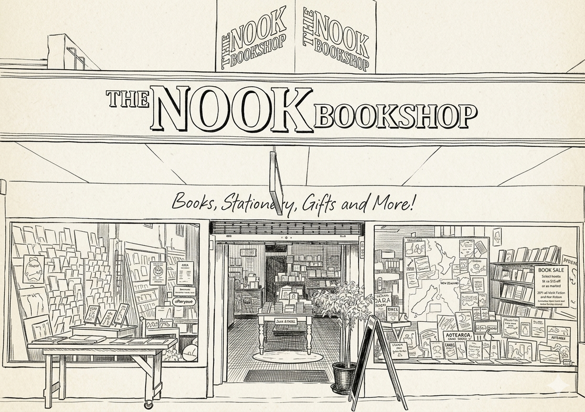 Illustration of 'The Nook Bookshop' with books and stationery displayed.